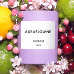 Overose Auraflowne scented candle features fragrance notes of Candied Cherries, Ripe Nectarines, Caramel Lemon Blossom and Lime Basil.