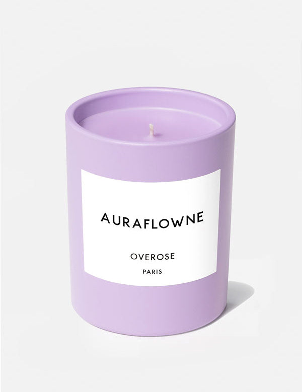 Overose Auraflowne scented candle features fragrance notes of Candied Cherries, Ripe Nectarines, Caramel Lemon Blossom and Lime Basil.