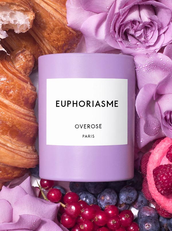 Overose Euphoriasme scented candle features dreamy fragrance notes of Cranberries, Crème Brulée, Croissant and Rose Blossom Water. The scent of a Parisian bakery.